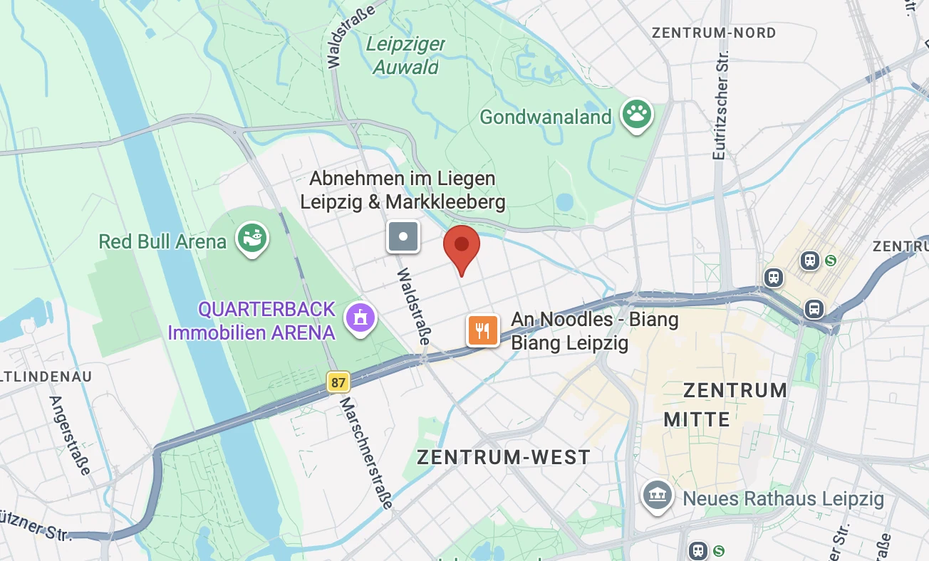 Kartenausschnitt mit dem Standort der Praxis in der Tschaikowskistraße 20 im Leipziger Waldstraßenviertel.